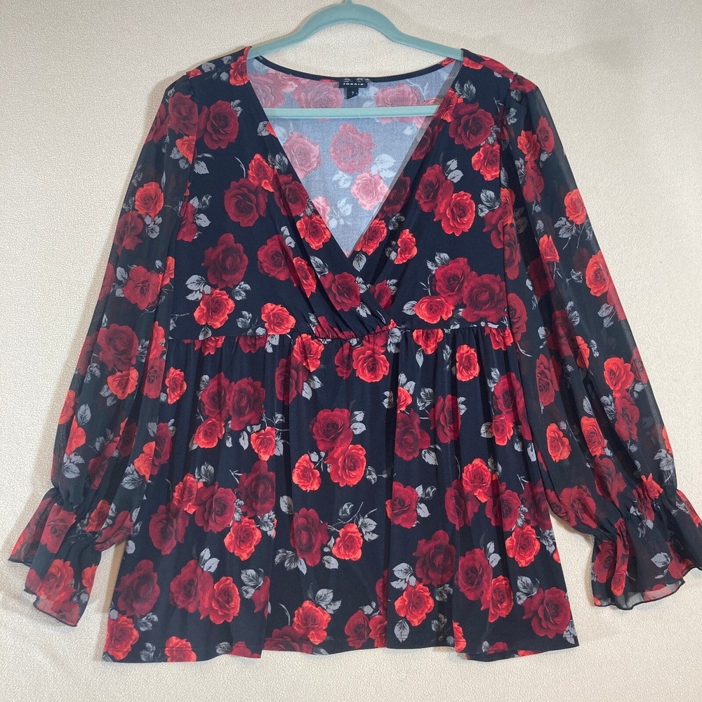 Torrid Babydoll Studio Knit‎ Chiffon Sleeves Surplice Top Sz 3 Rose Dark Romance